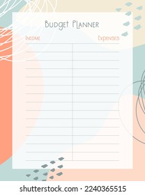 Budget planner template abstract boho style page design, income and expenses.