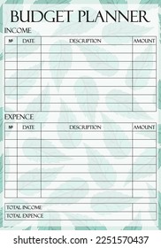 Plantilla de planificación presupuestaria sobre la menta deja fondo pastel. Ingresos, gastos, ahorros, asignación presupuestaria, precio, importe, pago, contabilidad. Concepto de gestión financiera. Ilustración del vector