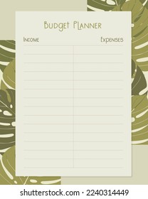 Budget planner template page design with leaves monstera, income and expenses.