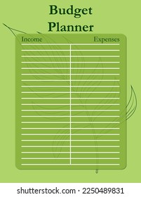 Budget planner template page design with tropical leaves, income and expenses. Vector illustration 