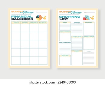 Budget planner template, Set of modern budget planner and shopping list.