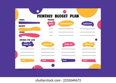 Budget planner template vector. Colorful Monthly budget planner template