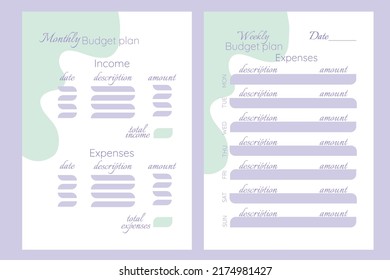 Budget planner. Vector planner pages templates. Weekly, monthly, budget planners. Pastel color design