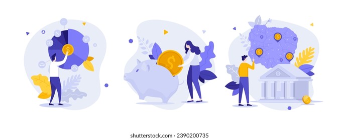 Budget planning and banking flat concept vector illustrations set. Plan expenses and money savings cartoon composition. Local bank department creative idea for website, mobile, presentation