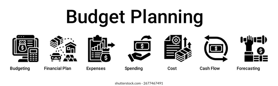 Anuncio Concepto de Ilustración vectorial de ícono de Web de planificación presupuestaria para negocios con ícono de presupuesto, Plan financiero, gastos, gastos, costos, flujo de efectivo.