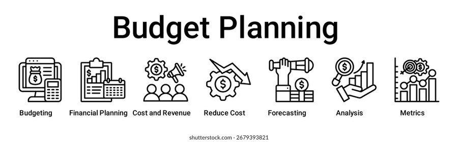 Ícone de vetor de ilustração da web do Budget Planning com ícone de Orçamento, Financial Planning, Custo e Receita, Reduzir Custo, Previsão, Análise.