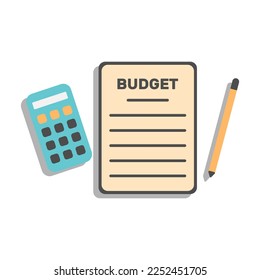 Budget planning cartoon illustration with document objects, calculator and pen