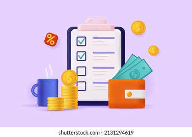 Budget planning concept 3D illustration. Financial analysis and accounting, writing checklist with costs and income, saving money and calculating. Vector illustration for modern web banner design