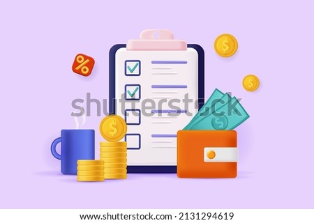 Budget planning concept 3D illustration. Financial analysis and accounting, writing checklist with costs and income, saving money and calculating. Vector illustration for modern web banner design