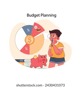 Concepto de planificación presupuestaria. Niño curioso con lupa analizando gráfico de tarta de finanzas. Educación temprana sobre gasto y ahorro. Gestión responsable del dinero desde una edad temprana. ilustración vectorial