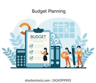 Budget Planning concept. Detailed financial foresight and strategic expense management. Fiscal preparation and economic planning visualized. Flat vector illustration