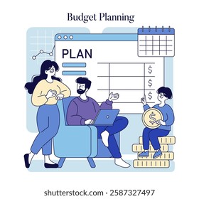 Budget Planning concept. Families engage in financial management through budgeting techniques. A father collaborates with his partner and child, discussing financial goals and strategies. Vector