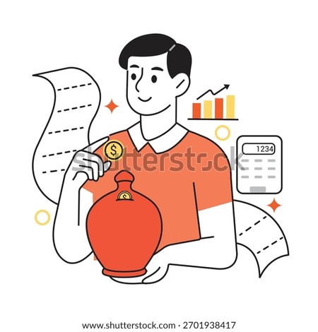Budget planning concept. Financial planning expert saving money into a ceramic pot, analyzing expenses with a calculator and detailed budget sheet, demonstrating smart investment growth strategy.