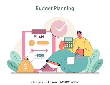 Budget Planning concept. Illustrating financial foresight with calculative saving and expenditure tracking. Blueprint for monetary success. Flat vector illustration.