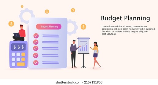 Budget Planning Concept with Male Office Worker Presentating with Boss Vector Illustration.Financial Planning Design Template with Calculator. Modern design for web banners, web sites, infographic. 