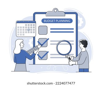 Budget planning concept. Man and woman with magnifying glass studying document. Financial literacy, cost and income assessment. Poster or banner for website. Cartoon flat vector illustration