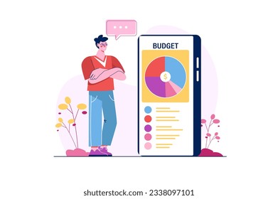 Budget planning concept with people scene in the flat cartoon design. A man reviews his financial expenses and plans a budget. Vector illustration.