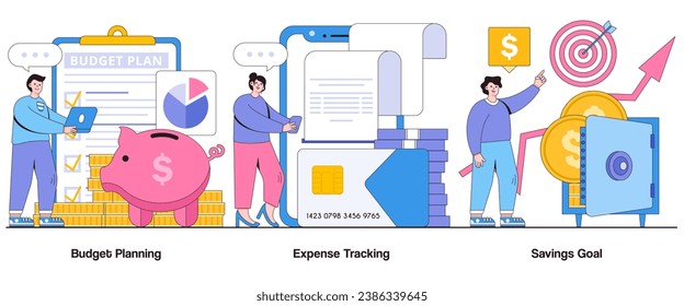 Budget planning, expense tracking, savings goal concept with character. Personal finance abstract vector illustration set. Financial discipline, financial wellness, savings habit metaphor.