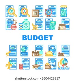 budget planning finance icons set vector. savings, expenses, income, goals tracking, planning, allocation management, forecast budget planning finance color line illustrations