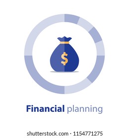 Budget planning, financial diversification, circle diagram, savings account, home finance, expenses concept, fund part, vector icon