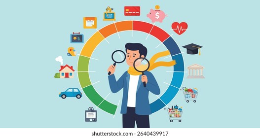 Budget planning, financial expense or spending allocation, investment, income, saving percentage pie chart, cost tracking or debt management concept, businessman analyze budget allocation pie chart.