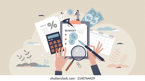Budget Planning And Financial Family Money Management Tiny Person Concept. Couple Assets And Wealth Calculation With Tax Percentage And Monthly Income Vector Illustration. Personal Expense Bookkeeping