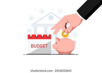 Budget planning financial to the future concept, Piggy bank with business human hand hold coin with calendar on isolated background, Digital marketing illustration.