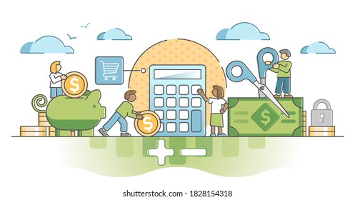 Budget planning as financial money strategy in economics outline concept. Accounting tax balance with income, spending and revenue balance vector illustration. Business profit calculation management.