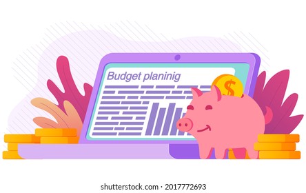 Budget planning financial on laptop.Tax report.Piggy bank.Dollar coins stack.Isolated on white background.