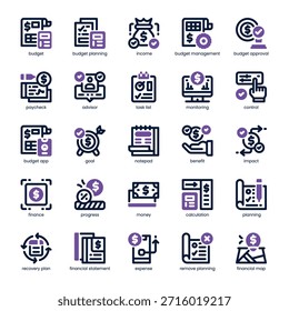Paquete de iconos de planificación de presupuesto para su Sitio web, móvil, presentación y diseño de logotipo. Diseño de doble tono de icono de planificación de presupuesto. Ilustración gráfica de Vector y trazo editable.