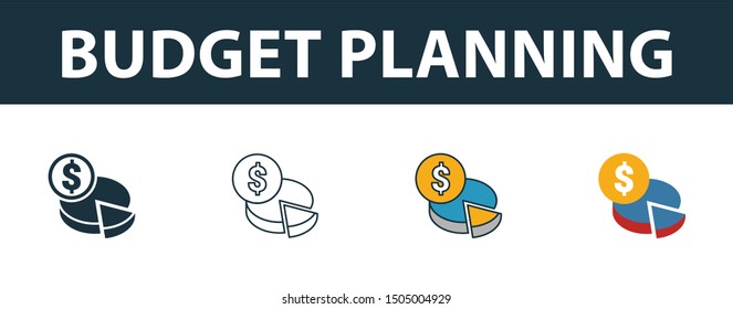 Budget Planning icon set. Four elements in diferent styles from smm icons collection. Creative budget planning icons filled, outline, colored and flat symbols.