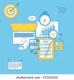 Budget planning illustration. Line design with graphs, money, calculator and laptop.