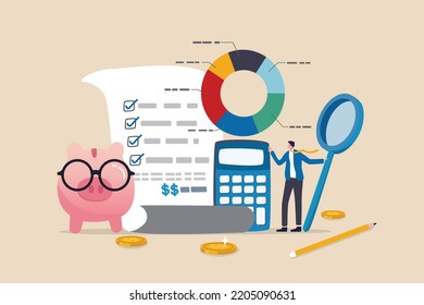 Budget planning or income management, spending and expense report or investment balance sheet, debt calculation and analysis, businessman with magnifier planning budget with calculator and chart.