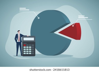 Budget planning or income management, spending and expense report or investment balance sheet, debt calculation and analysis, businessman with calculator planning budget with pie chart.