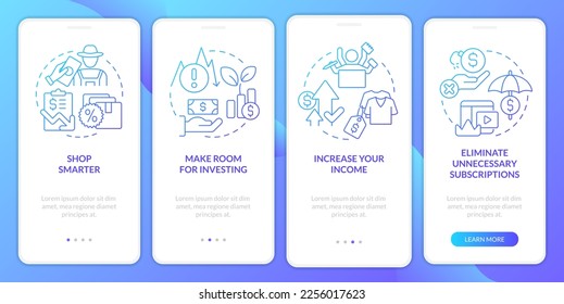 Budget planning for inflation blue gradient onboarding mobile app screen. Walkthrough 4 steps graphic instructions with linear concepts. UI, UX, GUI template. Myriad Pro-Bold, Regular fonts used