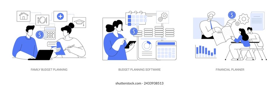 Budget planning isolated cartoon vector illustrations set. Young family planning finances, using smartphone app to calculate expenses, money management service, financial planner vector cartoon.