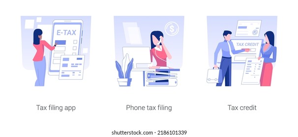 Budget planning isolated concept vector illustration set. Tax filing app, phone tax filing, credit online form, government support, money revenue, account manager, financial report vector cartoon.