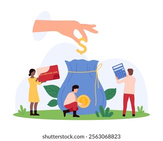 Budget planning and management, calculation of income growth. Giant hand putting dollar sign into money bag, tiny people holding credit card, calculator and gold coin cartoon vector illustration