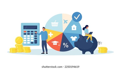 Planificación presupuestaria. Personas analizando presupuesto personal o corporativo. Contabilidad financiera y cálculo de los ingresos y gastos financieros. Hombre parado cerca del gráfico circular con indicación de gastos