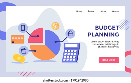 Budget Planning piece pie chart to shopping smartphone home campaign for web website home homepage landing page template banner with flat style