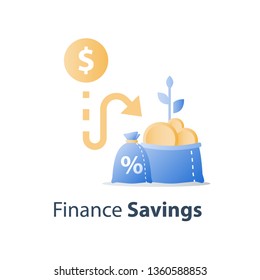 Budget planning, return on investment, cash loan, earn more money, income growth, long term savings account, pension fund payment, financial concept, vector icon