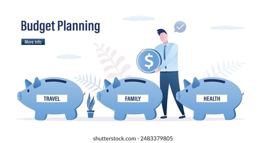 Budgetplanung. Geld sparen, investieren. Verschiedene Sparschweine für - Familie, Freizeit und Gesundheit. Finanzmanagement-Konzept. Geschäftsmann, der Dollarmünze ins Sparschwein steckt. Vektorillustration