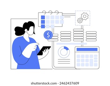 Budget planning software isolated cartoon vector illustrations. Woman planning her budget using special smartphone app, money management service, saving cash, investment idea vector cartoon.