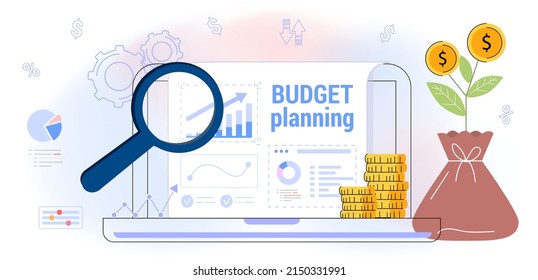 Budget Planning Vector Illustration Flat Concept Finance Accounting Calculation Financial Income And Expenses Taxpayer Tax Burden Taxation Fiscal Policy People Analyzing Personal Or Corporate Budget