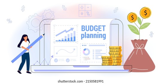 Budget Planning Vector Illustration Flat Concept Finance Accounting Calculation Financial Income And Expenses Taxpayer Tax Burden Taxation Fiscal Policy People Analyzing Personal Or Corporate Budget