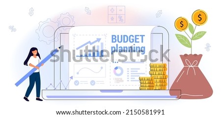 Budget planning Vector illustration flat Concept finance accounting Calculation financial income and expenses Taxpayer Tax burden Taxation Fiscal policy People analyzing personal or corporate budget