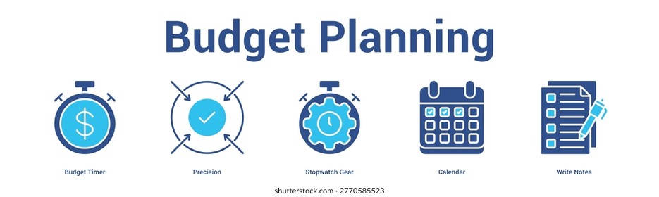 Budget Planning web banner icon set vector illustration concept for business with icon of Budget Timer, Precision, Stopwatch Gear, Calend.
