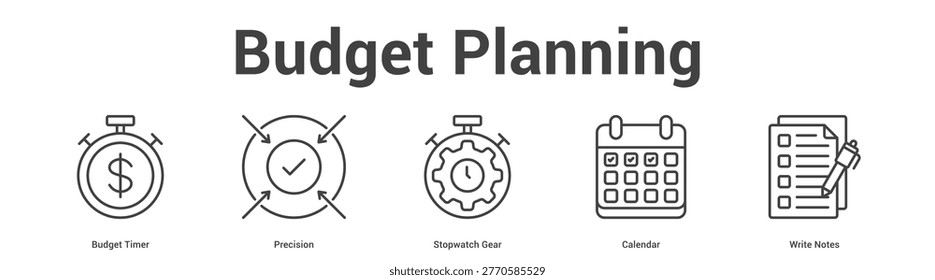 Budget Planning web banner icon set vector illustration concept for business with icon of Budget Timer, Precision, Stopwatch Gear, Calend.
