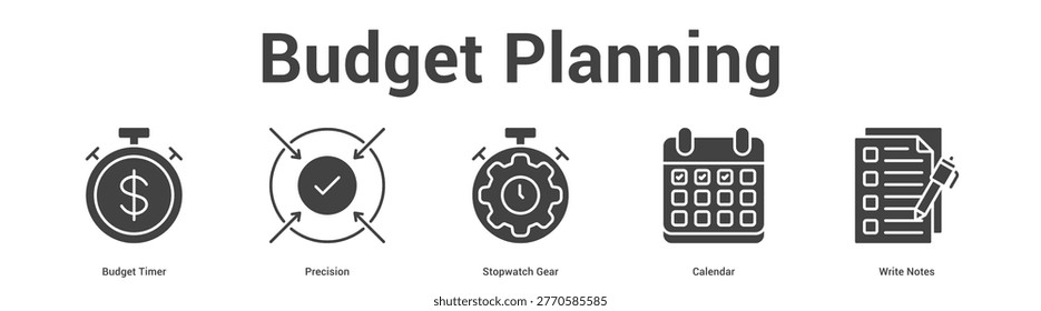 Budget Planning web banner icon set vector illustration concept for business with icon of Budget Timer, Precision, Stopwatch Gear, Calend.