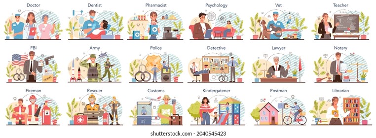 Budget profession set. Government and social profession. Education, healthcare, judicial system and army. Veterinarian, firefighter, lawyer, postman. Isolated flat vector illustration